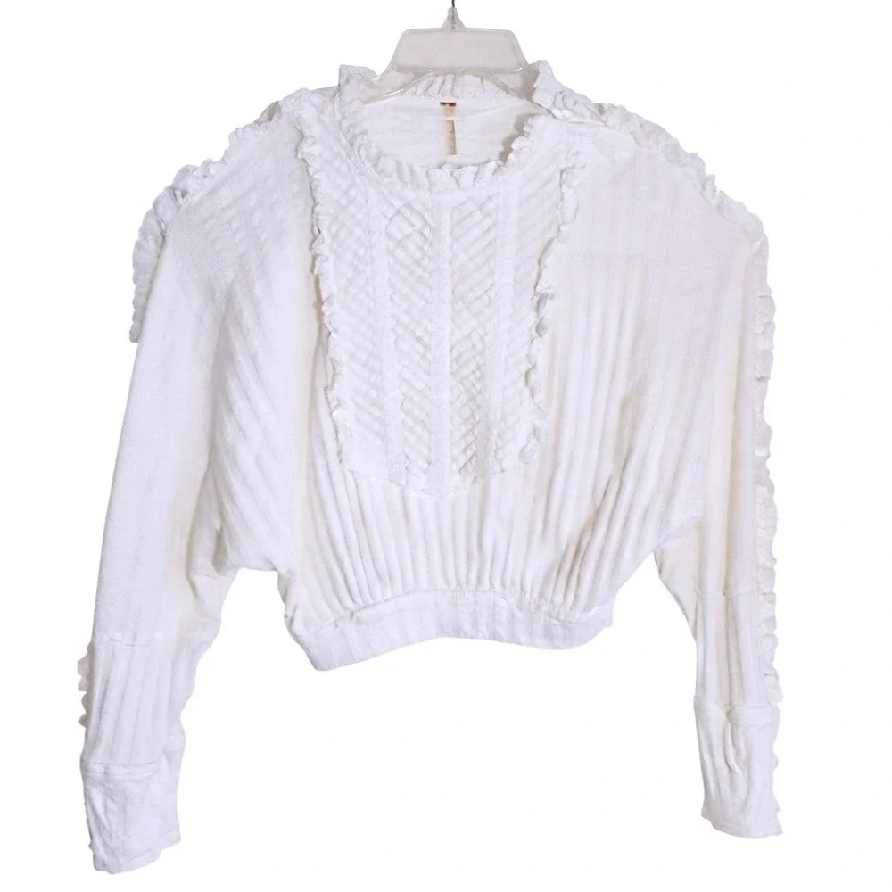 Free People More Romance Top Women Medium Cream Ruffle Lace Ribbed Boho EUC